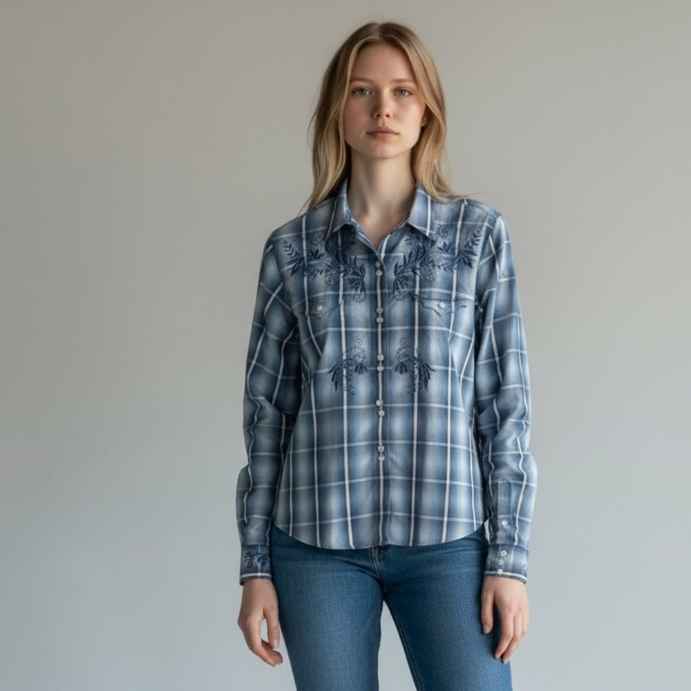 Women's Blue Plaid Embroidered Shirt